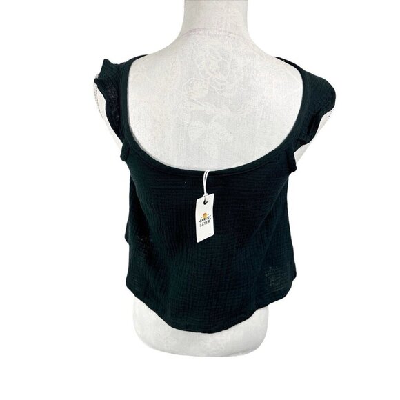Marine Layer Women's S Jude Cropped Flutter Sleeve Tank Black Gauze NWT - Picture 2 of 15